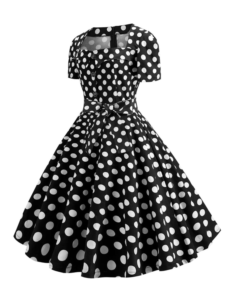 Robe à manches courtes et col carré des années 1950 et ensemble d'accessoires