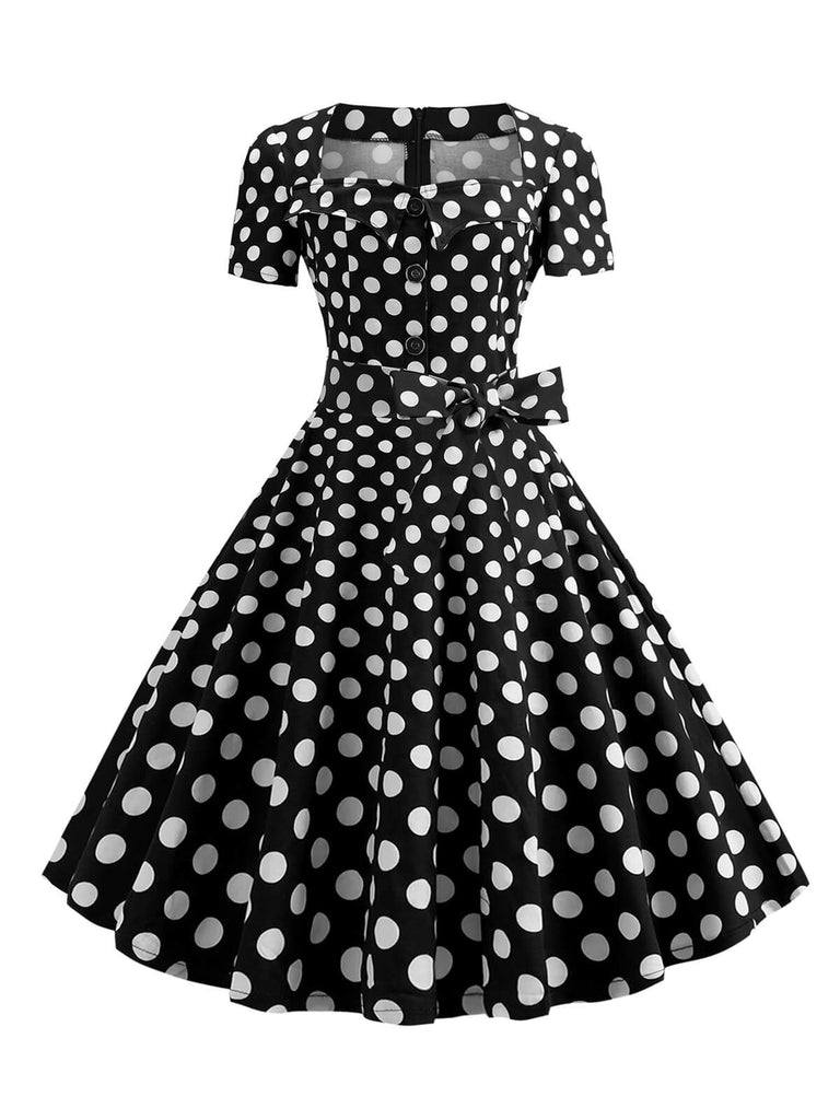 Robe à manches courtes et col carré des années 1950 et ensemble d'accessoires