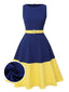 Robe à col bateau unie bleu foncé et jaune des années 1950