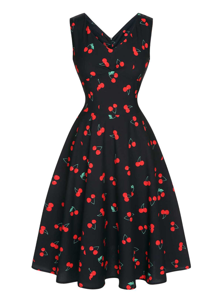 Robe noire sans manches à col en V cerise des années 1950