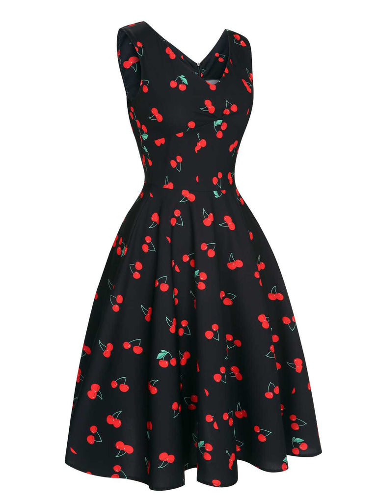 Robe noire sans manches à col en V cerise des années 1950