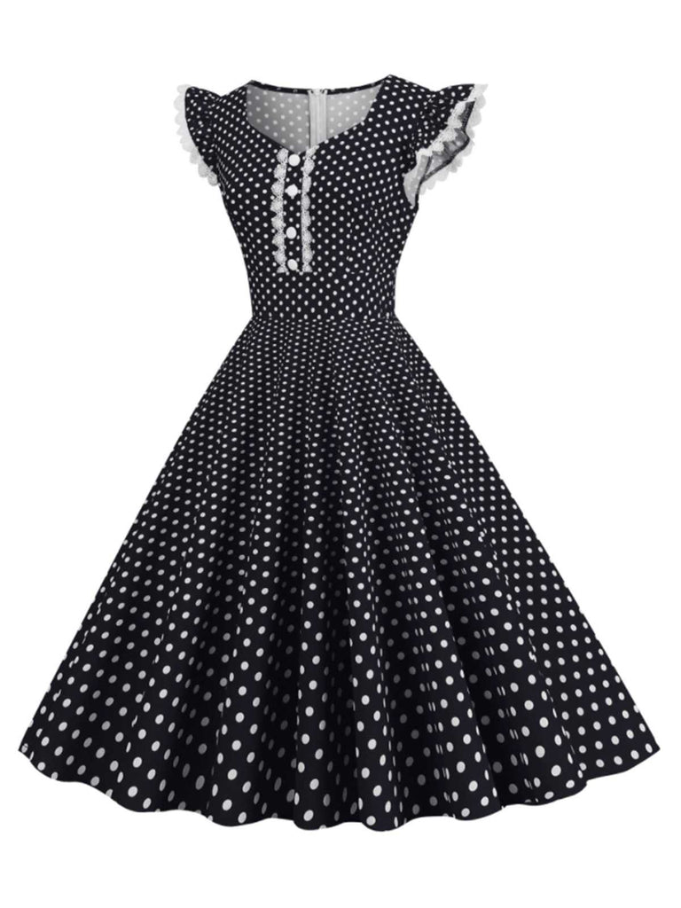 Robe noire à volants et pois des années 1950