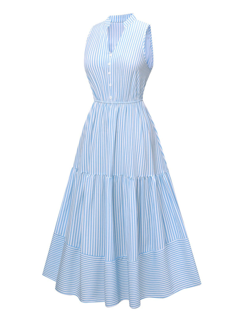 Robe à col montant à rayures bleu ciel des années 1940