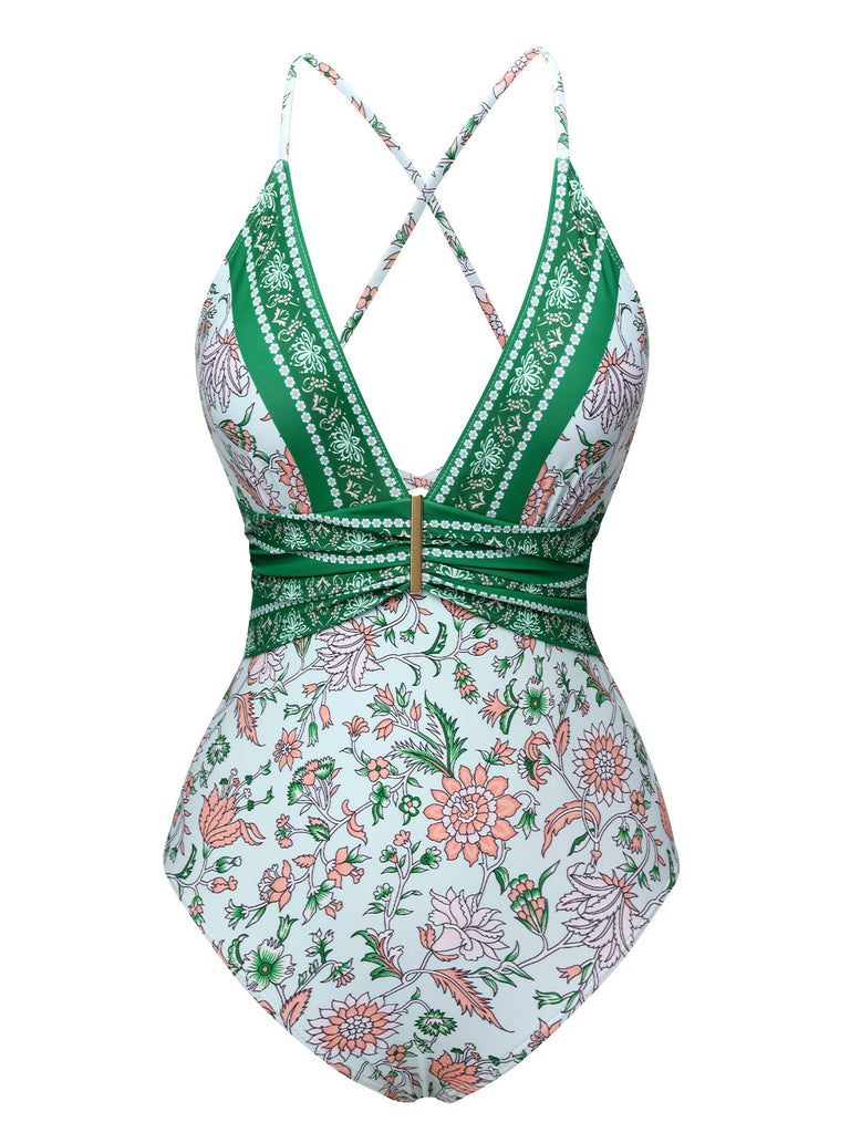 Maillot de bain vert à bretelles spaghetti florales Bohême des années 1950