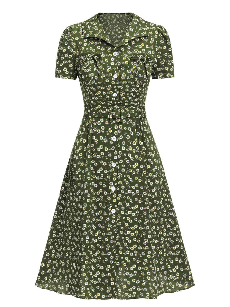 [Pré-vente] Robe marguerite à boutons revers marron des années 1950