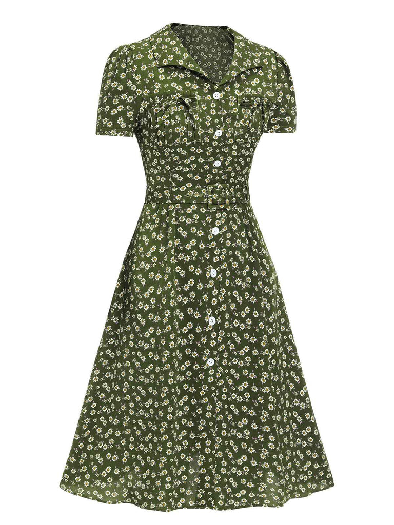 [Pré-vente] Robe marguerite à boutons revers marron des années 1950