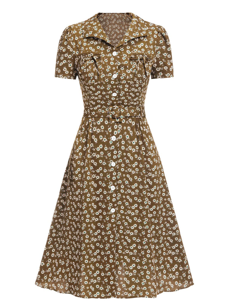 Robe marguerite à boutons revers vert des années 1950