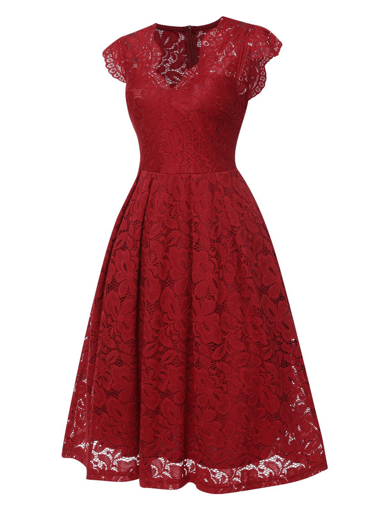 Robe à manches courtes en dentelle unie rouge vin des années 1940