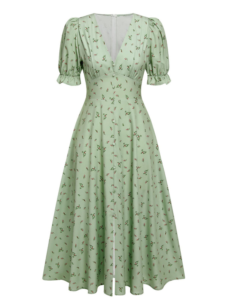 Robe verte à col en V et manches lanternes fleuries des années 1940