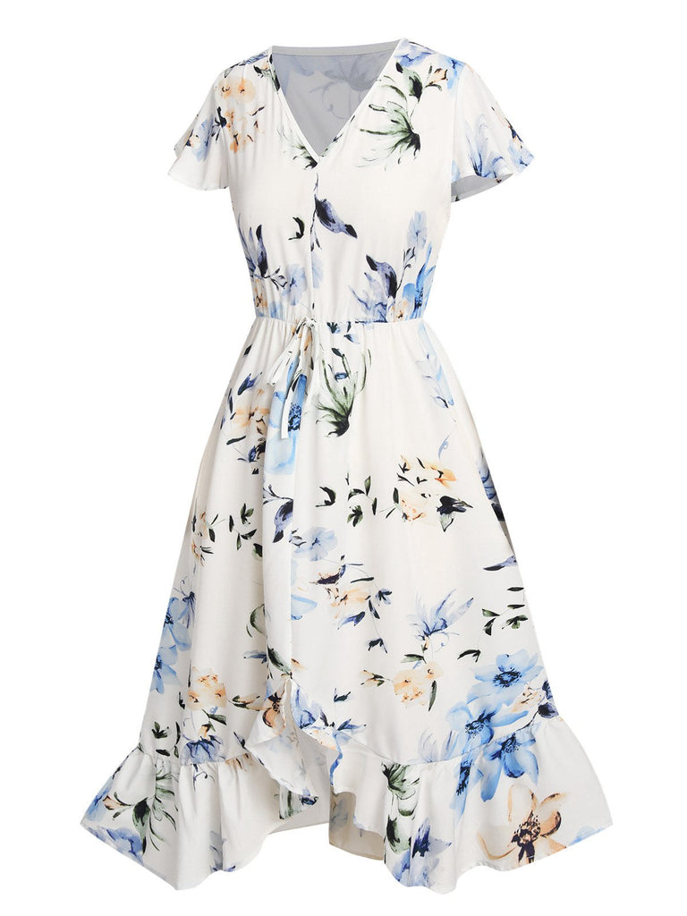 Robe bleue à manches courtes et col en V à imprimé floral des années 1940