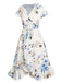 Robe bleue à manches courtes et col en V à imprimé floral des années 1940