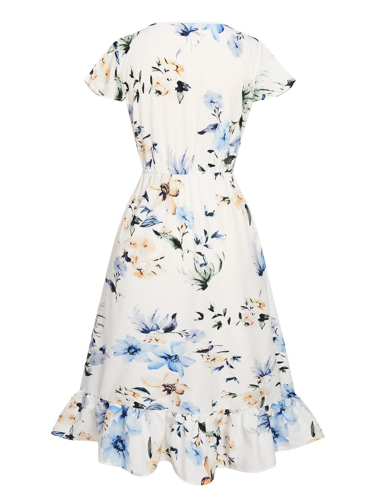 Robe bleue à manches courtes et col en V à imprimé floral des années 1940