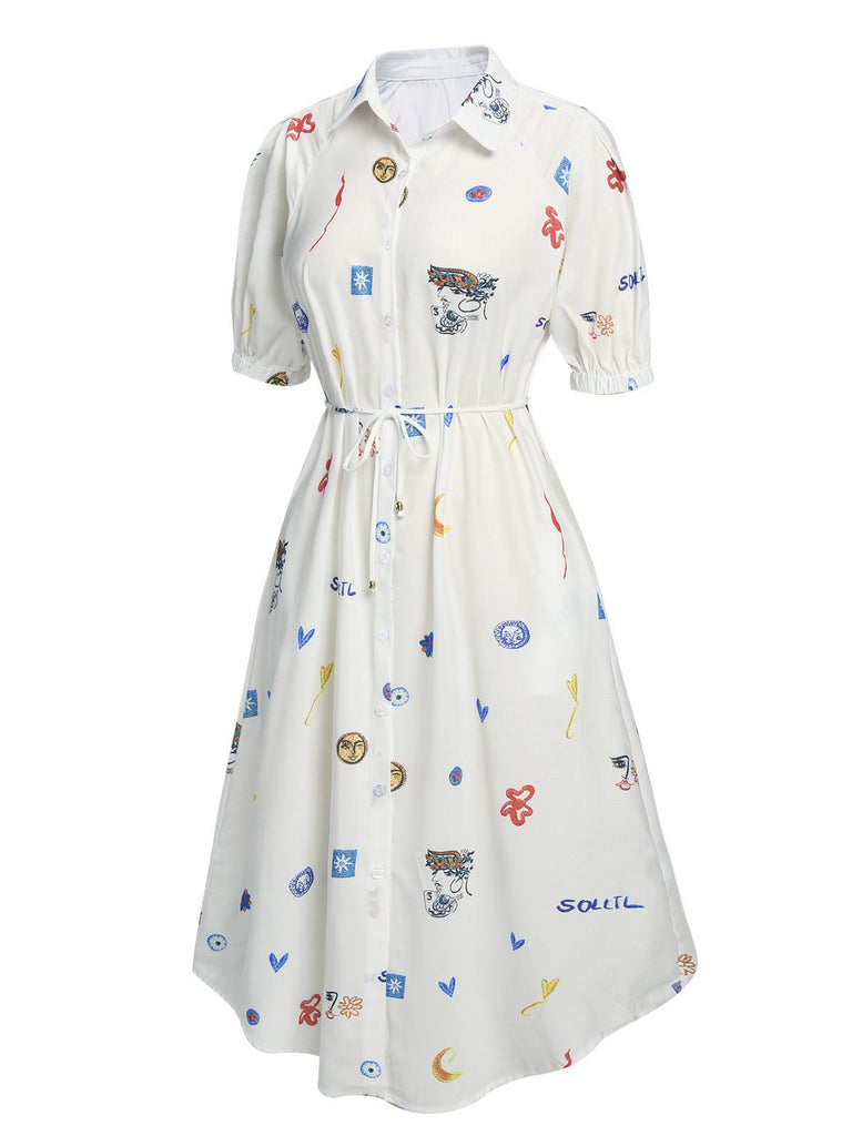 Robe chemise blanche à revers et imprimé soleil des années 40