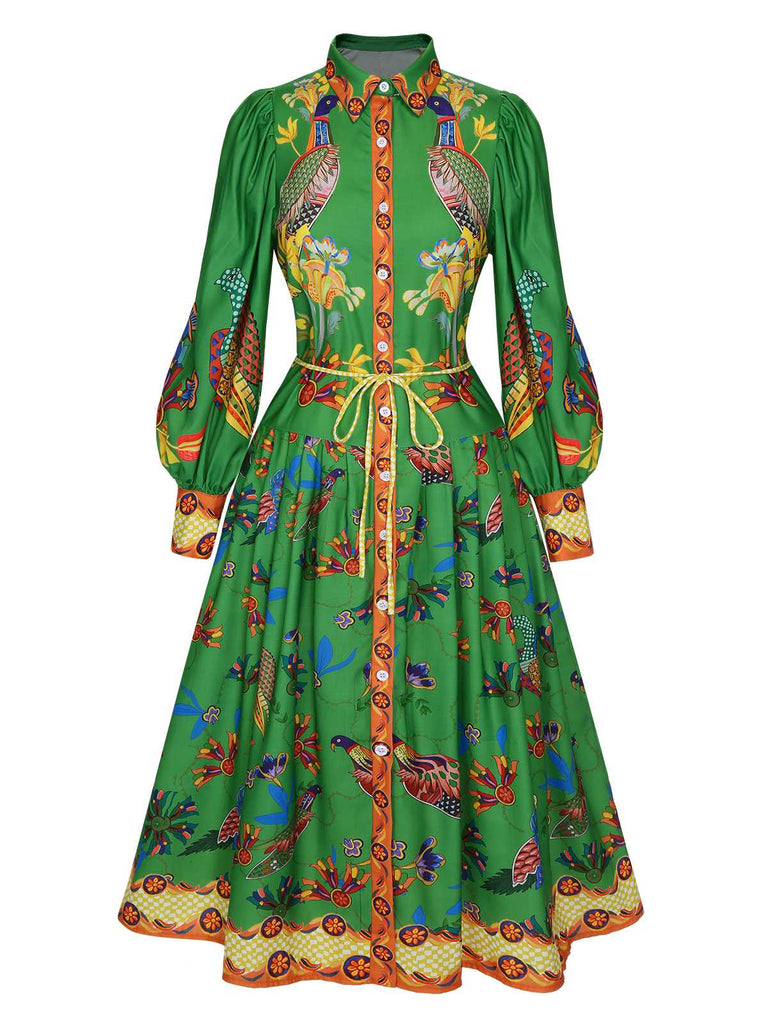 Robe chemise verte à manches lanternes style paon des années 1940