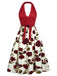 Robe rouge à col licou et nœuds roses des années 1950