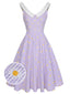 Robe à carreaux violette à col en V marguerites des années 1950