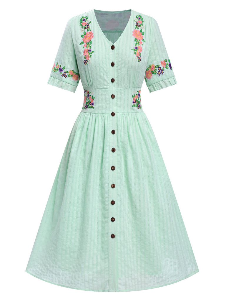 [Pré-vente] Robe fleurie brodée vert menthe à col en V en pur coton des années 40