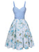 Robe à bretelles bleue avec ceinture florale des années 1950