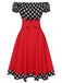 Robe à pois noire et rouge des années 1950 à épaules dénudées avec ensemble d'accessoires