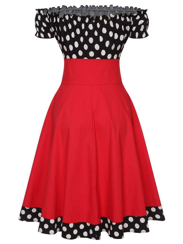 Robe à pois noire et rouge des années 1950 à épaules dénudées avec ensemble d'accessoires