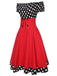 Robe à pois noire et rouge des années 1950 à épaules dénudées avec ensemble d'accessoires