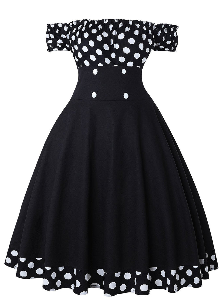 Robe noire à pois et épaules dénudées des années 1950 avec ensemble d'accessoires