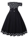 Robe noire à pois et épaules dénudées des années 1950 avec ensemble d'accessoires