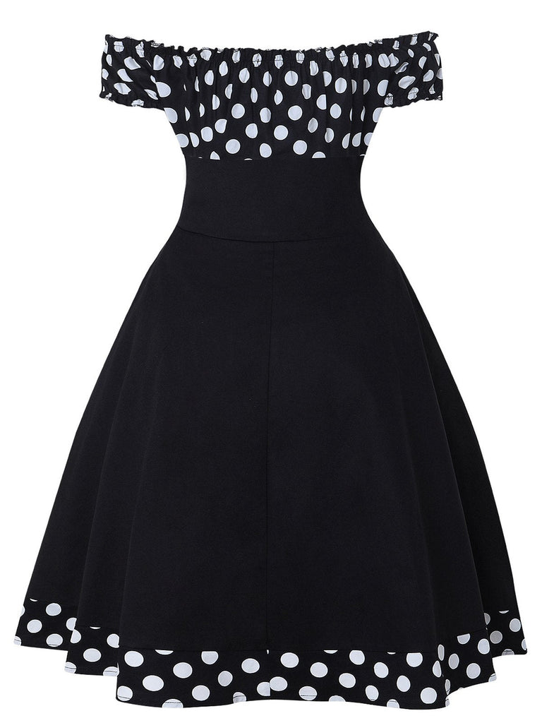 Robe noire à pois et épaules dénudées des années 1950 avec ensemble d'accessoires