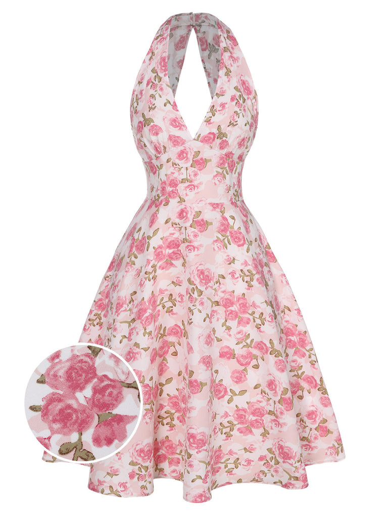 Robe rose à col en V et motif fleurs des années 1950