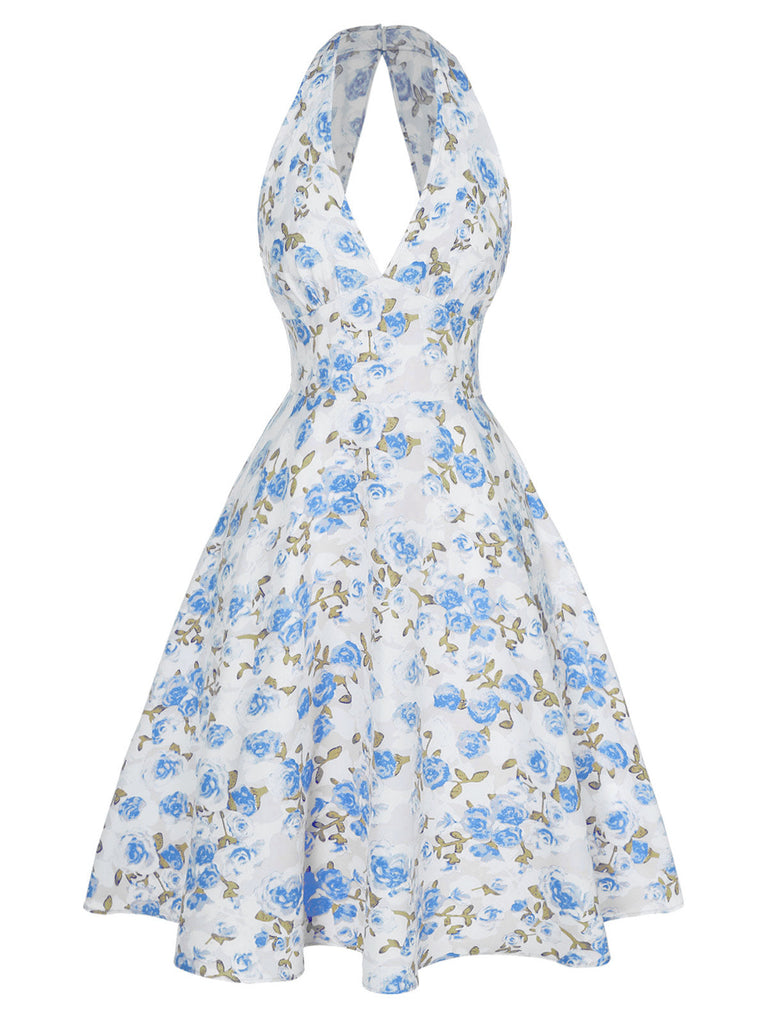 Robe bleu à col en V et motif fleurs des années 1950