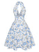 Robe bleu à col en V et motif fleurs des années 1950