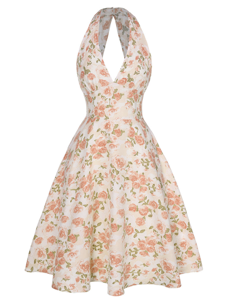 Robe rose à col en V et motif fleurs des années 1950