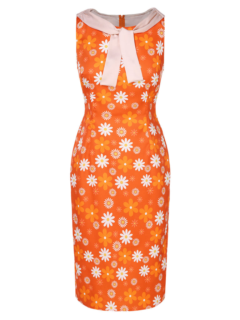 Robe sans manches à fleurs orange des années 1930 avec col noué