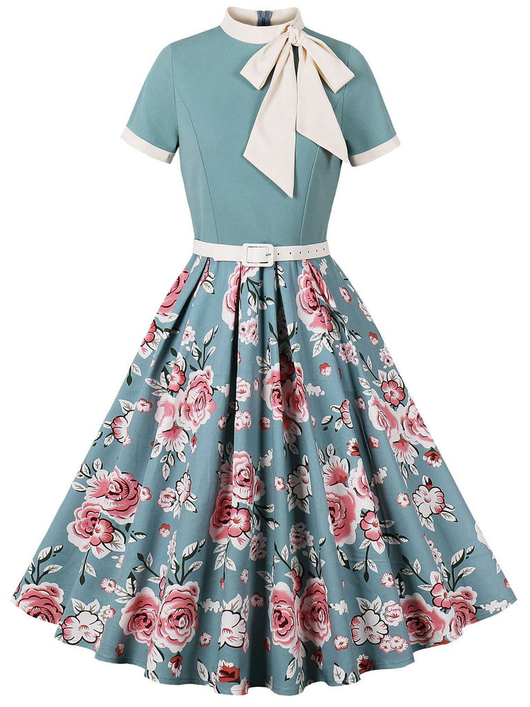 Robe verte à col noué et patchwork de roses des années 1950