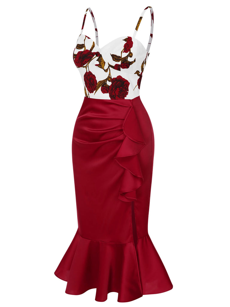 Robe sirène rouge à bretelles spaghetti et roses des années 1930