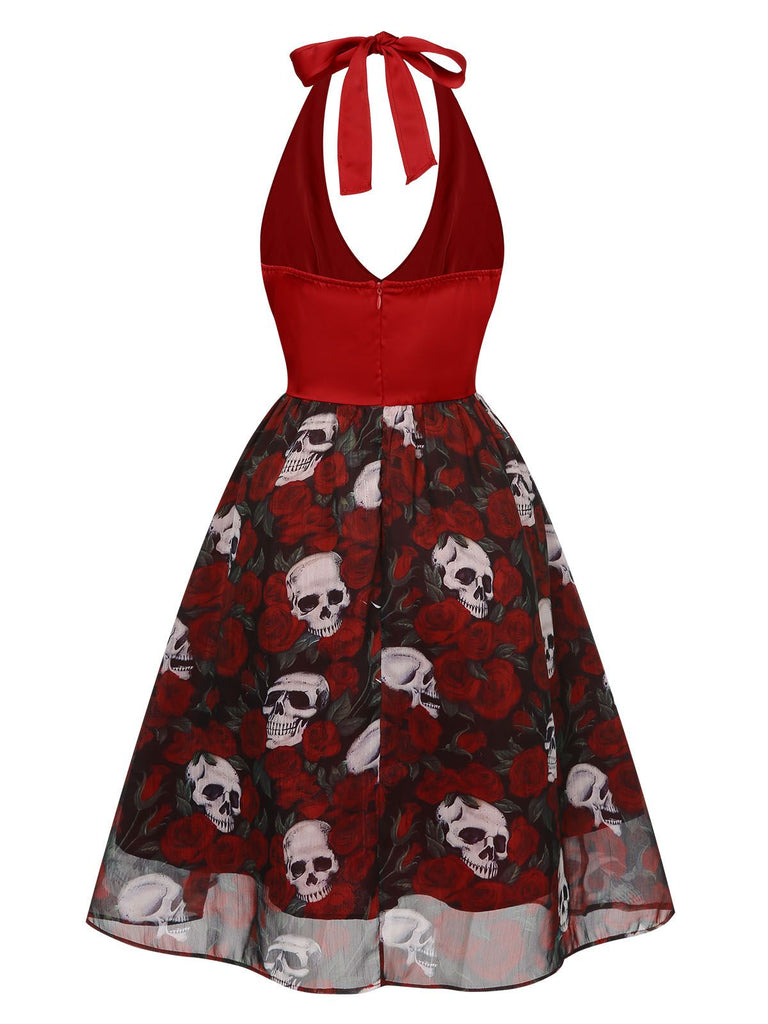 Robe en maille squelette Halloween Roses rouge vin années 1950