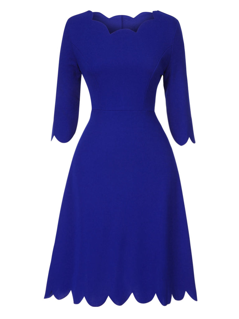 Robe bleu foncé à col pétale uni des années 1960