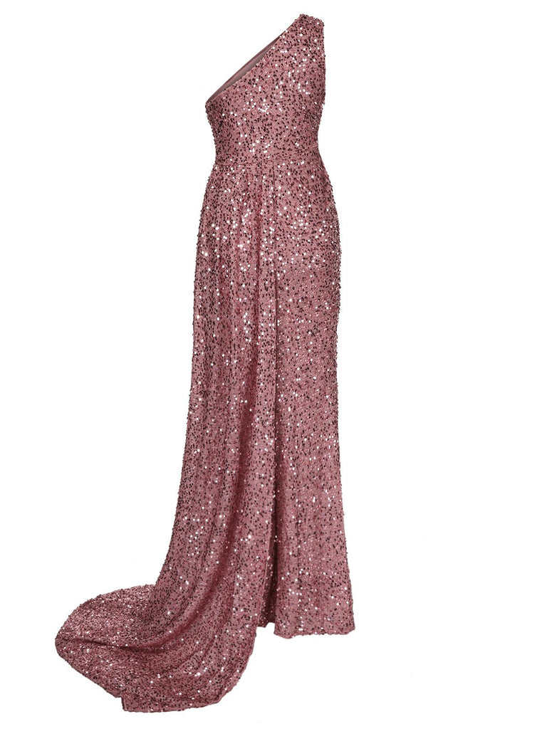 Robe longue de soirée à paillettes violette à une épaule des années 1920