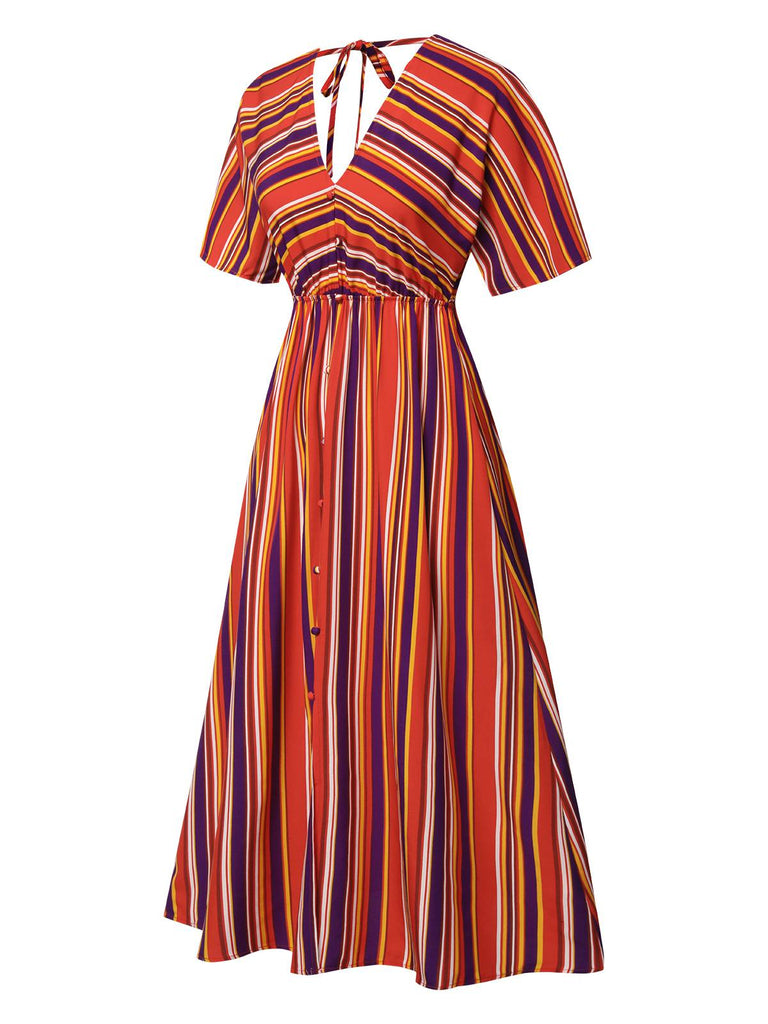 Robe à col en V à rayures bayadère multicolores des années 1940