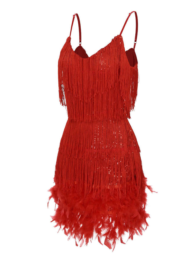 Robe rouge à bretelles spaghetti et à franges en plumes des années 1920