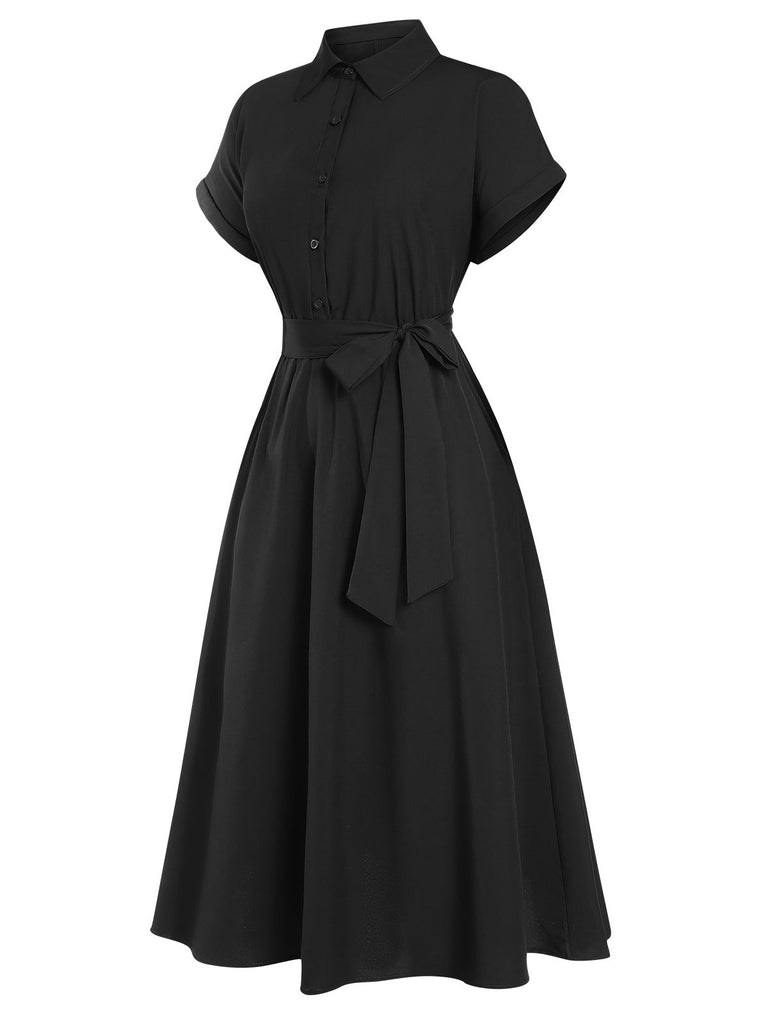 Robe chemise boutonnée à manches courtes et col uni des années 1950