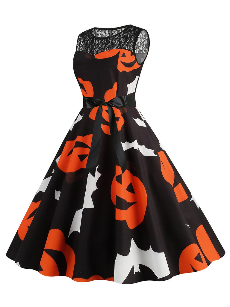 Robe sans manches en patchwork de dentelle Halloween des années 1950