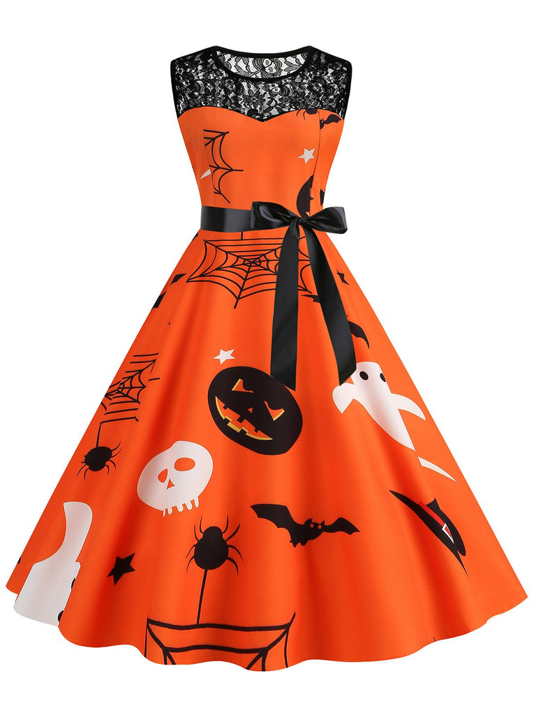 Robe sans manches en patchwork de dentelle Halloween des années 1950