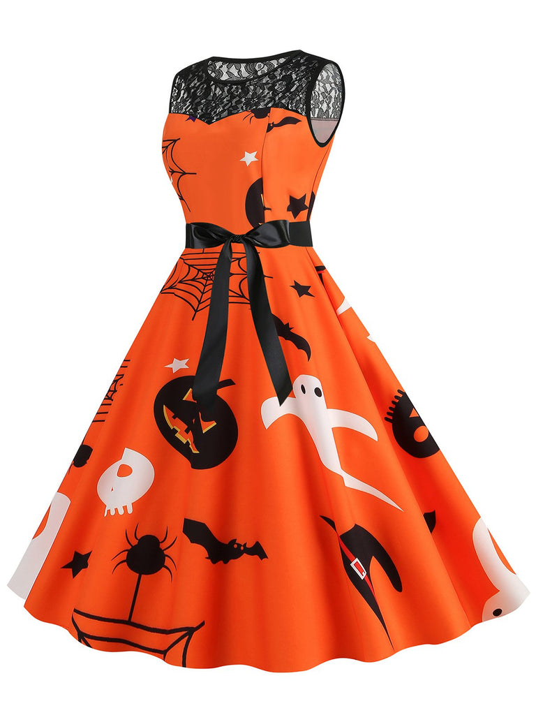 Robe sans manches en patchwork de dentelle Halloween des années 1950