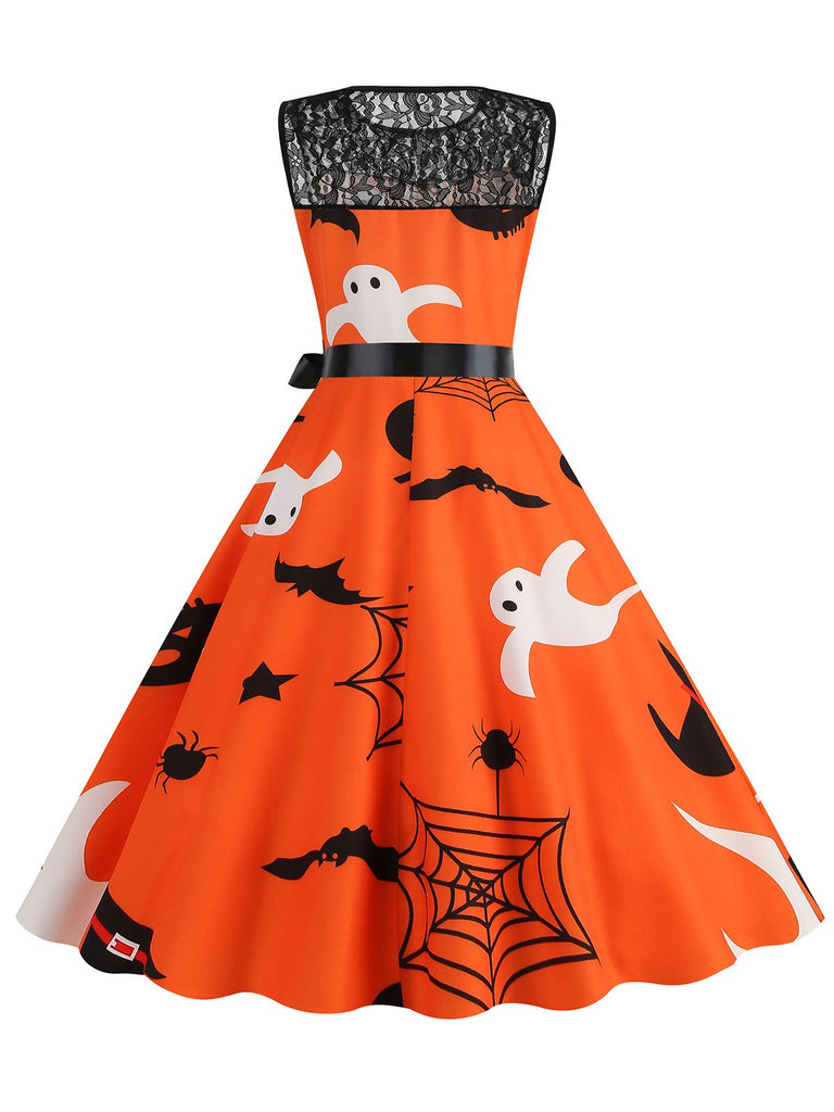 Robe sans manches en patchwork de dentelle Halloween des années 1950