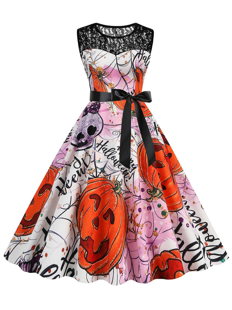 Robe sans manches en patchwork de dentelle Halloween des années 1950