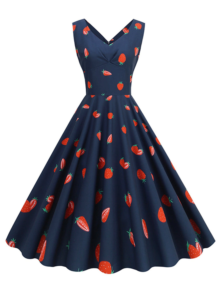 Robe sans manches à imprimé marguerites et fraises des années 1950