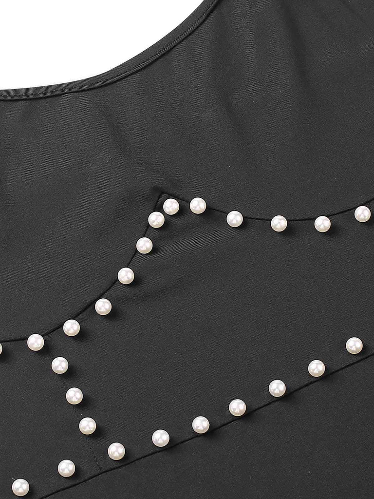 Robe noire à bretelles spaghetti en perles solides des années 1960