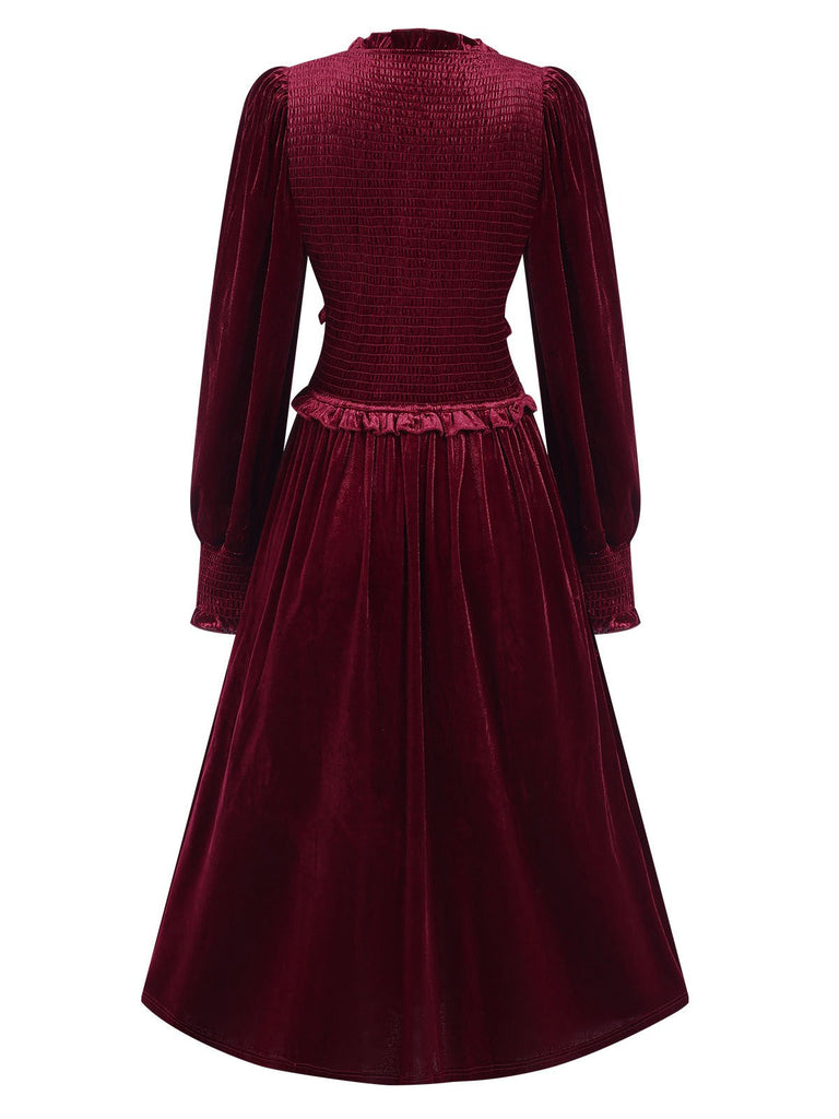 Robe froncée en velours à manches longues rouge vin des années 40