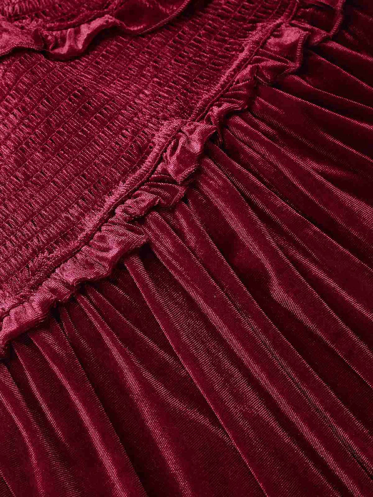 Robe froncée en velours à manches longues rouge vin des années 40